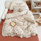 Yeknu INS Princess Ruffle Edge Gauze 100% Cotton Pillow Case Breathable Duvet Cover Without Filler 3PCS Floral Home Bedding Set