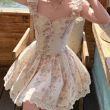 Yeknu  Jastie Sweet Girl Lace Spliced Floral Print Mini Dress Women Elegant A-line Flying Sleeve Summer Dresses Holiday Robe