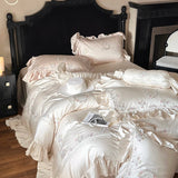 Yeknu  800TC Lyocell Bamboo Fiber Soft Silky Bedding Set Rose Floral Embroidery Lace Ruffles Duvet Cover Flat Sheet Pillowcases