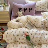 Yeknu Cartoon Bedding Set Ins Korean Towel Embroidery Bed Linen Flat Sheets Set 2 Pillowcases Twin Double Queen Size Duvet Cover Set