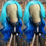 Yeknu  Long Blue Ombre Wig Silky Straight Synthetic Hair Pre Plucked Highlight Blue Gradient Colored 13X4 Lace Front Wigs for Women
