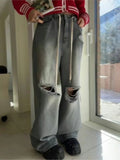 Yeknu  Autumn Long Jeans Pants Women Ripped Hole Korea Style Loose Ladies Jeans Trousers Wide Leg Fashion Casual Woman Pants