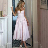 Yeknu  Jastie Lace Up Bandage Plaid Sling Dress Women Elegant Square Neck Low Waist A-line Midi Summer Dresses Holiday Party Robe