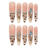 Yeknu  10PCS Pink Nude False Nail with Rhinestones Leopard Cat-Eye Fake Nails Women Girls Party Wedding Wear Handmade Press on Nails