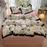 Yeknu  New French Lace Wash Quilt Cover Korean-style Romantic Herben-style Black Print Four-piece Set Skin Friendly Bedding Set