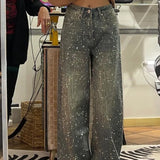 Yeknu  Summer Women Retro American Washed Rhinestone Denim Pants Full Sky Star Heavy Duty Millennium Spicy Girl Wide Leg Long Trousers