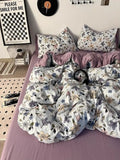 Yeknu Korean Style Ins Retro Fresh Floral Washed Cotton Bed Four Piece Duvet Set, Student Dormitory Bed Sheet Three Piece Set