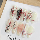 Yeknu  10PCS handmade coffin shaped nail art, beautiful fake nails, Chinese style wintersweet art nail art, suitable for women to use