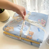 Yeknu  Ins Cute Blue Cat Bedding Sets New Soft Bed Sheet Set For Girls Washed Cotton Dormitory Quilt Set No Filling