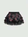 Yeknu  J-Fashion Y2K Gyaru Himekaji Harajuku Lolita Oversized Bowknot Low Waist Lace Frilled Plaid Mini Skirt For Women