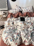 Yeknu Korean Style Ins Retro Fresh Floral Washed Cotton Bed Four Piece Duvet Set, Student Dormitory Bed Sheet Three Piece Set
