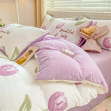 Yeknu  Textiles Soft Four-piece Bedding Set Pillowcase Purple Washed Cotton Flower Duvet Cover for Children Women Men Bed Sheet
