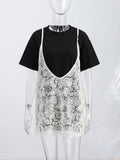 Yeknu  Fashion Lace Sling Top With Loose Blouse Women Solid Short Sleeve O-neck Tops Female Summer Streetwear Lady New