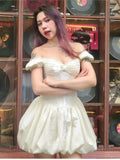 Yeknu  European And American Style Summer White Women's Mini Dress One Shoulder Heavy Lace Embroidery Waist Puffy Dress