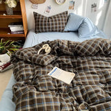 Yeknu  Bedding Set Ins Ambiance Blue Coffee Grid Mixed With Washed Cotton Minimalist Four Piece Set Fitted Sheets Duvet Cover