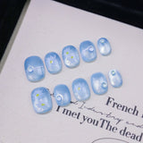 Yeknu  10pcs Ombre Bubble Beads Handmade Nails  Blue Heart Cat-Eye Press on Nail Short Square Round Full Coverage Nail Tips for Women