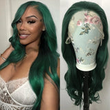 Yeknu  Long Curly Wavy Natural Wave Synthetic Hair Free Part Dark Green Body Wave Glueless Pre Plucked 13X4 Lace Frontal Wigs for Women
