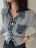 Yeknu  Knitted Autumn Denim Patchwork Cardigan Women Slim Fashion Casual Ladies Cropped Cardigans Korean Style Woman Sweater Coats
