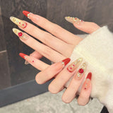 Yeknu  10Pcs Glitter Gold Sequins False Nails with Red Edge French Handmade Press on Nails Shiny Rhinestone Decor Fake Nails For Women