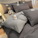 Yeknu  European Bedding Set with Checkered Print Comfortable Breathable Fitted Sheet Duvet Cover Pillowcase Single Queen Size Bed Linen