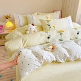 Yeknu 100% Cotton Bedding Set Ins Korean Floral Embroidered Lace Trim Duvet Cover Bed Linen Bed Sheets Set Pillowcase Twin Double Size