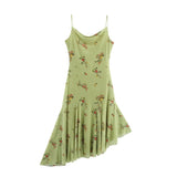 Yeknu  Summer New Green Women's Dress Printed Tulle Pleated Irregular Hem Midi Dress Sleeveless Casual Beach Holiday Dress