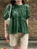 Yeknu  Summer Pullover T-Shirts Tops Women Loose Ruffle Pleated Fashion Ladies Cropped Blouses Casual Short Sleeve Korean Woman Tops