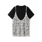 Yeknu  Fashion Lace Sling Top With Loose Blouse Women Solid Short Sleeve O-neck Tops Female Summer Streetwear Lady New