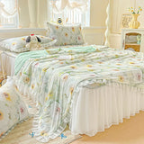 Yeknu  Sweet Floral printed Cool Summer blanket Lace and Ruffle Quilt for Home Skin-Friendly breathable air conditioner Comforters