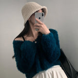 Yeknu  Autumn Winter Pullover Furry Sweater Tops Women V-Neck Korean Modis Ladies Cropped Sweaters Long Sleeve Loose Woman Sweater