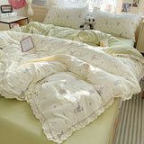 Yeknu  new small fresh printing French lace lace double four-piece set bedding wrinkled yarn student three-piece set