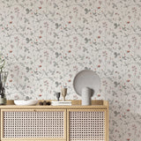 Yeknu  Scandinavian Style Wallpaper Morgongåva, FLoral Wallpaper with Botanic Branches and Grey Leaves with light back