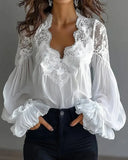 Yeknu  Summer Spring Lace Blouse Pleated Shirt Women Modis V-neck Sexy Puff Sleeve Ladies Blouses Elegant Woman Shirts New