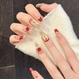 Yeknu  10Pcs Glitter Gold Sequins False Nails with Red Edge French Handmade Press on Nails Shiny Rhinestone Decor Fake Nails For Women