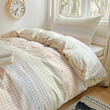 Yeknu  100% Pure Cotton Grid Pattern Bedding Set Skin Friendly Bedsheet Duvet Cover 2 Pillowcases Double Bedclothes for Home Dormitory
