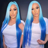 Yeknu  Long Blue Ombre Wig Silky Straight Synthetic Hair Pre Plucked Highlight Blue Gradient Colored 13X4 Lace Front Wigs for Women