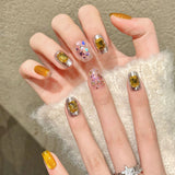 Yeknu  10 Pcs Press On Nails Ultra Short Gradient Fake Nails Gold Holographic Glitter With Rhinestones Handmade False Nail Tips