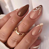 Yeknu 24Pcs Mid-length False Nails with Almond Head Design Brown Gold Lines Fake Nails Oval Wearable French Press on Nail Tips