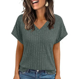Yeknu  Women's Clothing Europe America All-match Knit T-shirt Summer New Casual Loose V-neck Short Sleeve Pullover Lady Solid Tops