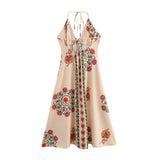 Yeknu  Summer Backless Holiday Style Floral Printed Dress Women V-Neck Lace-Up Halter Bohemian Beach Dress Casual Female Vestidos