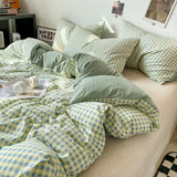 Yeknu Japanese Style Check Queen Duvet Cover Set 1/3 Pcs Soft Washed Quilt Cover and Pillowcase or Only Quilt Covers Blanket Cover Set