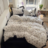 Yeknu  New French Lace Wash Quilt Cover Korean-style Romantic Herben-style Black Print Four-piece Set Skin Friendly Bedding Set