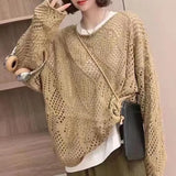 Yeknu  Autumn/Winter New Chic Elegant Hollow Out Loose Pullover Women Clothing Casual All-match Solid Sweater Lady Long Sleeve Knitwear