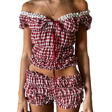 Yeknu  Women Summer y2k Coquette 2 Piece Set Outfits Plaid Print V Neck Short Sleeve Crop Tops Ruffles Shorts Fairycore Clothes