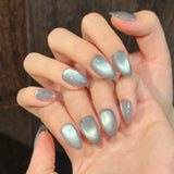 Yeknu  10pcs Handmade Short Almond Press on Nails Blue Ocean Aurora Fake Nail Tips Wearable Reusable Shiny Cat Eye Design False Nails
