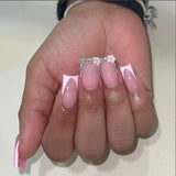 Yeknu 24Pcs Mid-length French Pink Square Head Press on False Nails Flash Drill Wearable Finished Manicure Full Cover Nail Tips