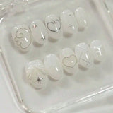 Yeknu  10pcs pure hand pressed oval nail art, fake nail art, minimalist white wing nail art, suitable for women's use