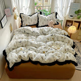 Yeknu  New French Lace Wash Quilt Cover Korean-style Romantic Herben-style Black Print Four-piece Set Skin Friendly Bedding Set
