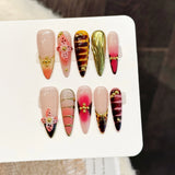 Yeknu  10pcs Handmade Long Almond Press on Nails Sweet Cool 3D Carved Petals Decor Fake Nails Wearable Detachable French False Nails
