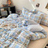 Yeknu Japanese Style Check Queen Duvet Cover Set 1/3 Pcs Soft Washed Quilt Cover and Pillowcase or Only Quilt Covers Blanket Cover Set